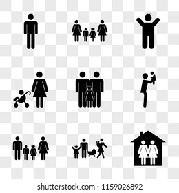 9 simple transparent vector icon pack, set of icons such as Couple two women in a house, Family group couple with three children, Familiar four heterosexual father and mother their son daughter the