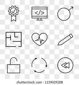 9 simple transparent vector icon pack, set of icons such as Rewind Circular Button, Reuse, Unlock, Edit, Cardiogram, Labyrinth, Male, Coding, Quality