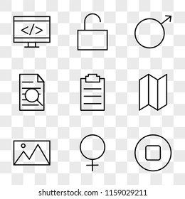 9 simple transparent vector icon pack, set of icons such as Stop Circular Button, Female, Image, Map, Schedule, Research Work, Male, Unlock, Coding