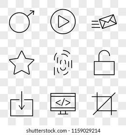 9 simple transparent vector icon pack, set of icons such as Crop, Coding, Download, Unlock, Fingerprint, Star, Mailing, Play Circular Button, Male