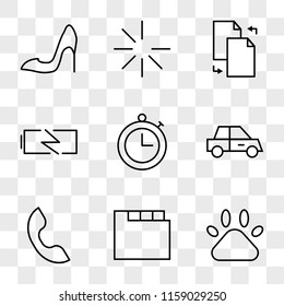 9 simple transparent vector icon pack, set of icons such as Pets, Folder, Telephone, Car, Timer, Charging Battery, Transfer Files, Loading, Shoe