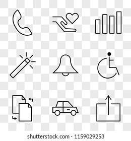 9 simple transparent vector icon pack, set of icons such as Upload, Car, Transfer Files, Disabled, Notification, Magic Wand, Bar Chart, Charity, Telephone