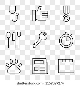 9 simple transparent vector icon pack, set of icons such as Folder, Newspaper, Pets, Timer, Key, Cutlery, Medal, Thumb Up, Stethoscope