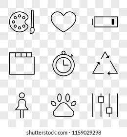 9 simple transparent vector icon pack, set of icons such as Settings, Pets, Woman with Skirt, REcycling, Timer, Folder, Low Battery, Heart, Paint Brush and Palette