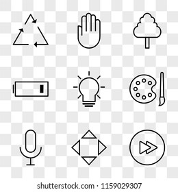 9 simple transparent vector icon pack, set of icons such as Fast Forward Circular Button, Move, Microphone, Paint Brush and Palette, Idea, Low Battery, Tree, Hand, REcycling
