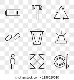 9 simple transparent vector icon pack, set of icons such as Paint Brush and Palette, Scale, Man, Alarm, Trash, Unlinked, REcycling, Hammer, Low Battery