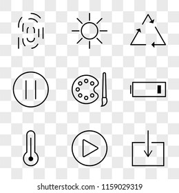 9 simple transparent vector icon pack, set of icons such as Download, Play Circular Button, Temperature, Low Battery, Paint Brush and Palette, Pause REcycling, Brightness, Fingerprint