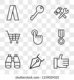 9 simple transparent vector icon pack, set of icons such as Thumb Up, Pen Tip, Search, Medal, Touch, Shopping Cart, Fix, Key, Adwords