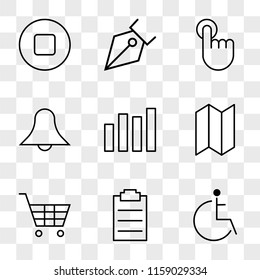 9 simple transparent vector icon pack, set of icons such as Disabled, Schedule, Shopping Cart, Map, Bar Chart, Notification, Touch, Pen Tip, Stop Circular Button