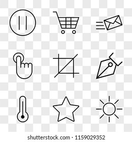 9 simple transparent vector icon pack, set of icons such as Brightness, Star, Temperature, Pen Tip, Crop, Touch, Mailing, Shopping Cart, Pause Circular Button