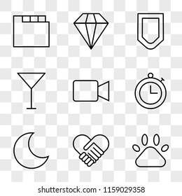 9 simple transparent vector icon pack, set of icons such as Pets, Agreement, Sleep Mode, Timer, Video Player, Cocktail, Protection, VIP, Folder