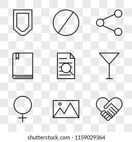 9 simple transparent vector icon pack, set of icons such as Agreement, Image, Female, Cocktail, Research Work, Book with Bookmark, Share, Blocked, Protection