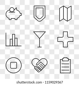 9 simple transparent vector icon pack, set of icons such as Schedule, Agreement, Stop Circular Button, Hospital, Cocktail, Statistics, Map, Protection, Savings