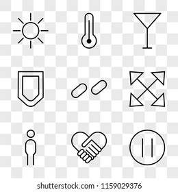 9 simple transparent vector icon pack, set of icons such as Pause Circular Button, Agreement, Man, Scale, Unlinked, Protection, Cocktail, Temperature, Brightness