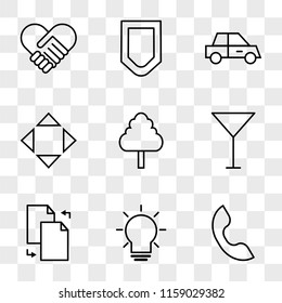 9 simple transparent vector icon pack, set of icons such as Telephone, Idea, Transfer Files, Cocktail, Tree, Move, Car, Protection, Agreement