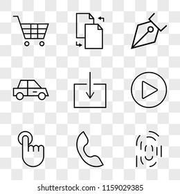 9 simple transparent vector icon pack, set of icons such as Fingerprint, Telephone, Touch, Play Circular Button, Download, Car, Pen Tip, Transfer Files, Shopping Cart