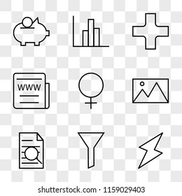 9 simple transparent vector icon pack, set of icons such as Energy, Filter, Research Work, Image, Female, Web News, Hospital, Statistics, Savings