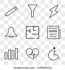 9 simple transparent vector icon pack, set of icons such as Disabled, Cardiogram, Bar Chart, Web News, Labyrinth, Notification, Energy, Filter, Edit