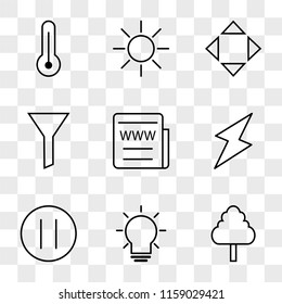 9 simple transparent vector icon pack, set of icons such as Tree, Idea, Pause Circular Button, Energy, Web News, Filter, Move, Brightness, Temperature