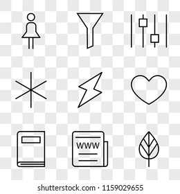 9 simple transparent vector icon pack, set of icons such as Tree Leaf, Web News, Book, Heart, Energy, Miscellaneus, Settings, Filter, Woman with Skirt