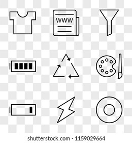 9 simple transparent vector icon pack, set of icons such as Record Circular Button, Energy, Low Battery, Paint Brush and Palette, Recycling, Full Filter, Web News, Shirt