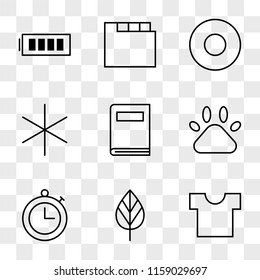 9 simple transparent vector icon pack, set of icons such as Shirt, Tree Leaf, Timer, Pets, Book, Miscellaneus, Record Circular Button, Folder, Full Battery