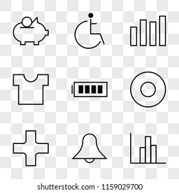 9 simple transparent vector icon pack, set of icons such as Statistics, Notification, Hospital, Record Circular Button, Full Battery, Shirt, Bar Chart, Disabled, Savings