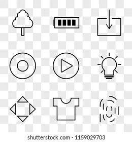 9 simple transparent vector icon pack, set of icons such as Fingerprint, Shirt, Move, Idea, Play Circular Button, Record Download, Full Battery, Tree