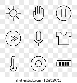 9 simple transparent vector icon pack, set of icons such as Full Battery, Record Circular Button, Temperature, Shirt, Microphone, Fast Forward Pause Hand, Brightness