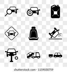 9 simple transparent vector icon pack, set of icons such as Car with Trailer, Towing a Car, Repairing Overturned seat, Petrol Can, Secure, Searching