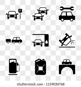 9 simple transparent vector icon pack, set of icons such as Car on the Bridge, Petrol Can, Old Station, Overturned Car, Changing Oil, with Trailer, Service, Two Cars in, Parked