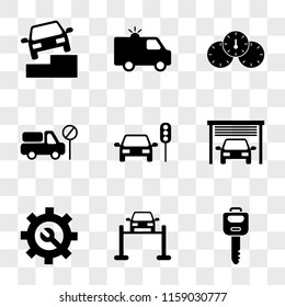 9 simple transparent vector icon pack, set of icons such as Car Key, in Service, Repairing Garage, Stopped Traffic Lights, Stop Truck, Board, Ambulance with Light, On Stairs
