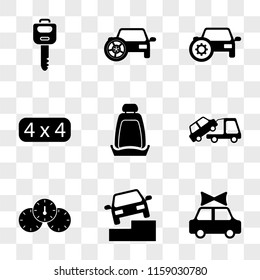 9 simple transparent vector icon pack, set of icons such as Present Car, Car On Stairs, Board, Towing a seat, Sport Secure, with Spare Tire, Key