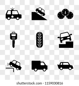 9 simple transparent vector icon pack, set of icons such as Sportive Car, Delivery Truck, Car Falling, On Stairs, Wheel Frontal View, Key, Board, the Hill, Police