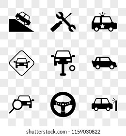 9 simple transparent vector icon pack, set of icons such as Car Crash, Automobile Steering Wheel, Searching Car, Sportive Repairing Police Wrench and Screwdriver Crossed, On the Hill