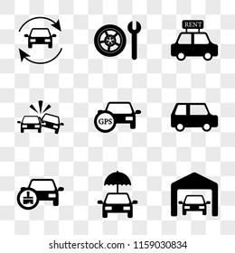 9 simple transparent vector icon pack, set of icons such as Private Garage, Umbrella Car, Painted Small Car with GPS, Accident, Rent a Wheel and Wrench, Refreshing