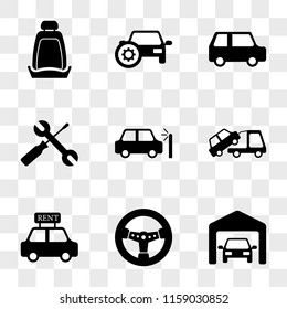 9 simple transparent vector icon pack, set of icons such as Private Garage, Automobile Steering Wheel, Rent a Car, Towing Car Crash, Wrench and Screwdriver Crossed, Small Secure, seat