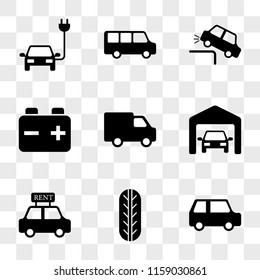 9 simple transparent vector icon pack, set of icons such as Small Car, Wheel Frontal View, Rent a Private Garage, Delivery Truck, Car Battery, Falling, Minibus, Eco