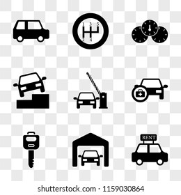 9 simple transparent vector icon pack, set of icons such as Rent a Car, Private Garage, Car Key, with Medicine, Barrier and On Stairs, Board, Change Gear, Small