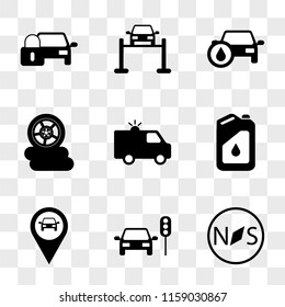 9 simple transparent vector icon pack, set of icons such as Car Compass, Stopped Traffic Lights, Placeholder, Oil Can, Ambulance with Light, Three Wheels, Oil, in Service, Locked