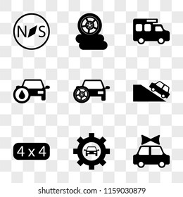 9 simple transparent vector icon pack, set of icons such as Present Car, Car Settings, Sport on the Hill, with Spare Tire, Oil, Trailer Three Wheels, Compass