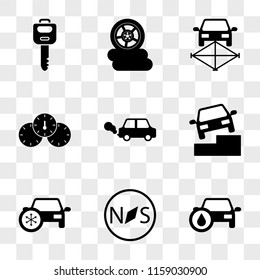 9 simple transparent vector icon pack, set of icons such as Car with Oil, Compass, Climate Car, On Stairs, Pollution, Board, on a Frame, Three Wheels, Key