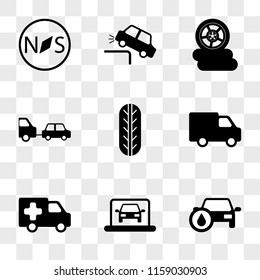 9 simple transparent vector icon pack, set of icons such as Car with Oil, On Laptop, Hospital Ambulance, Delivery Truck, Wheel Frontal View, Draw, Three Wheels, Falling, Compass