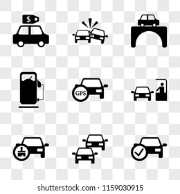 9 simple transparent vector icon pack, set of icons such as Checked Car, Two Cars in, Painted Paying Car Ticket, with GPS, Old Petrol Station, on the Bridge, Accident, Price