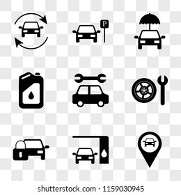 9 simple transparent vector icon pack, set of icons such as Car Placeholder, Changing Oil, Locked, Wheel and Wrench, Service, Oil Can, Umbrella Car, Parked Refreshing