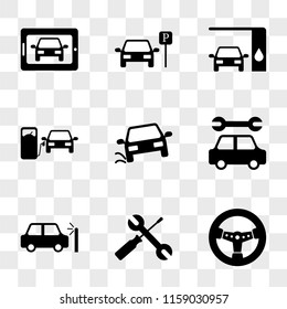 9 simple transparent vector icon pack, set of icons such as Automobile Steering Wheel, Wrench and Screwdriver Crossed, Car Crash, Service, Accident, at Gas Station, Changing Oil, Parked Car, on Tablet