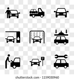 9 simple transparent vector icon pack, set of icons such as Car Service, Parked Car, Repairing Destroying Washing Machine, Changing Oil, Front Truck with another Man