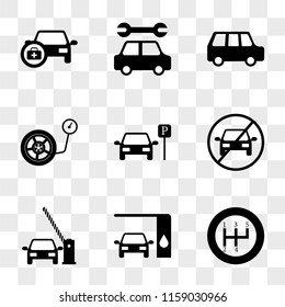 9 simple transparent vector icon pack, set of icons such as Change Gear, Changing Car Oil, Barrier and Car, Stop Parked Inflate Wheel, Family Service, with Medicine