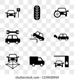 9 simple transparent vector icon pack, set of icons such as Changing Car Oil, Delivery Truck, on a Frame, Pollution, Falling, Service, Climate Car, Wheel Frontal View, Parked