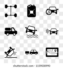 9 simple transparent vector icon pack, set of icons such as GPS On Screen, Car with Trailer, Overturned Car, Speed Road Radar, Falling Into the Water, Transportation Van, Music, Petrol Can, Scaffold